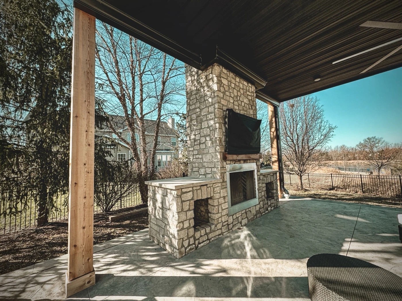 Stone Outdoor Fireplace Patio Stone Outdoor Fireplace Patio — STL Hardscape Solutions portfolio image
