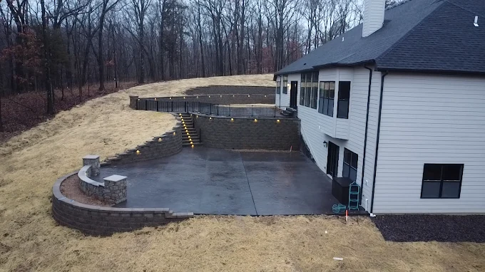 Terraced retaining walls with patio - completed hardscape project in St. Louis