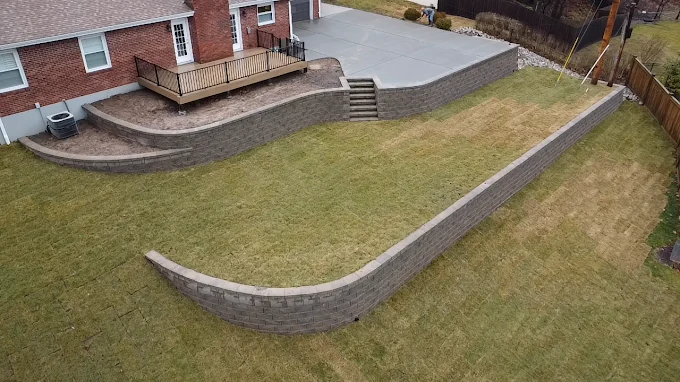 Multi-tiered backyard retaining walls - completed hardscape project in St. Louis