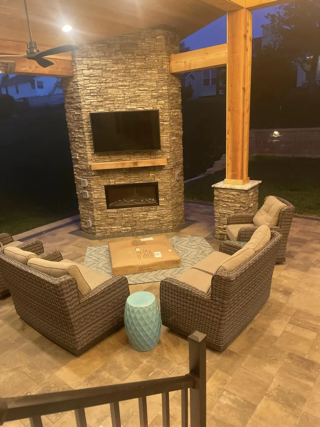 Stone outdoor fireplace wall - completed hardscape project in St. Louis