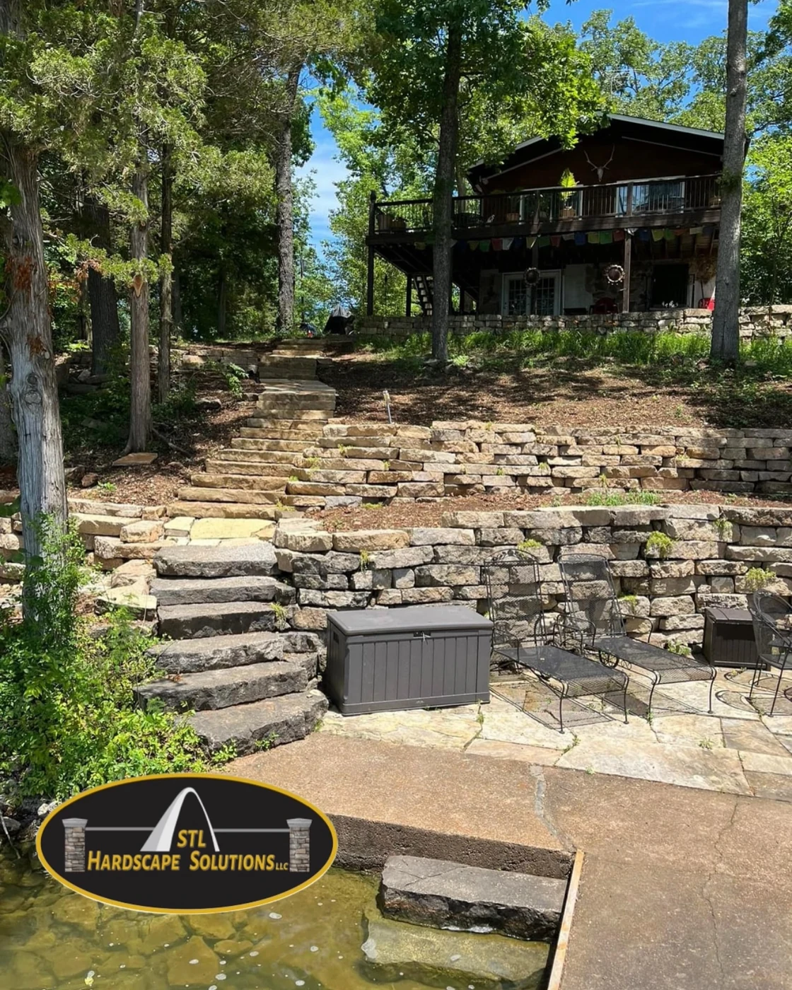 Stacked stone terraced walls - completed hardscape project in St. Louis