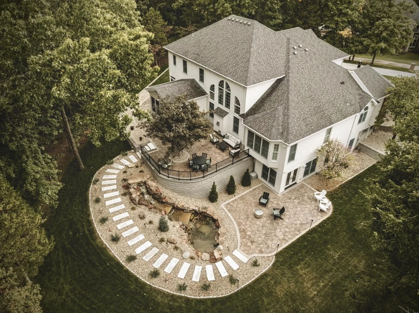 Aerial backyard hardscape design - completed hardscape project in St. Louis