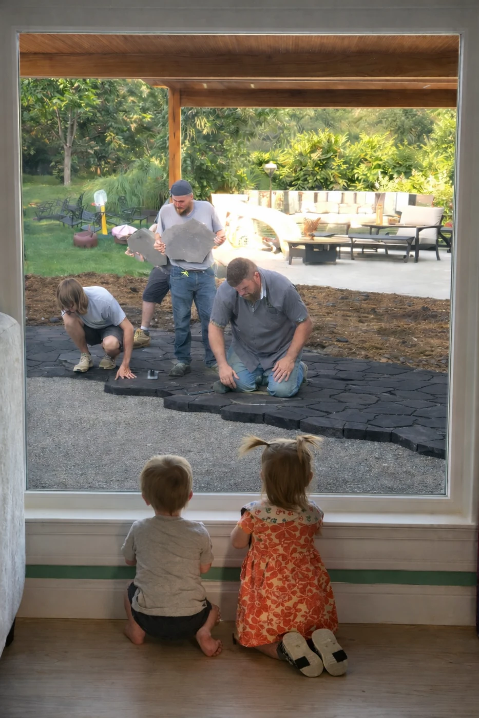 Interlocking stone patio install - completed hardscape project in St. Louis