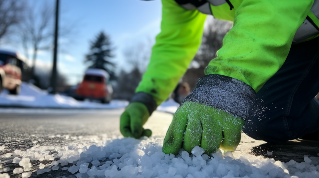 Contractor spreading salt for ice control in a commercial parking lot in Saint Louis, Missouri.
