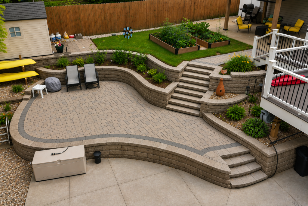 Backyard entertainment area with pergola and patio in Pacific Missouri